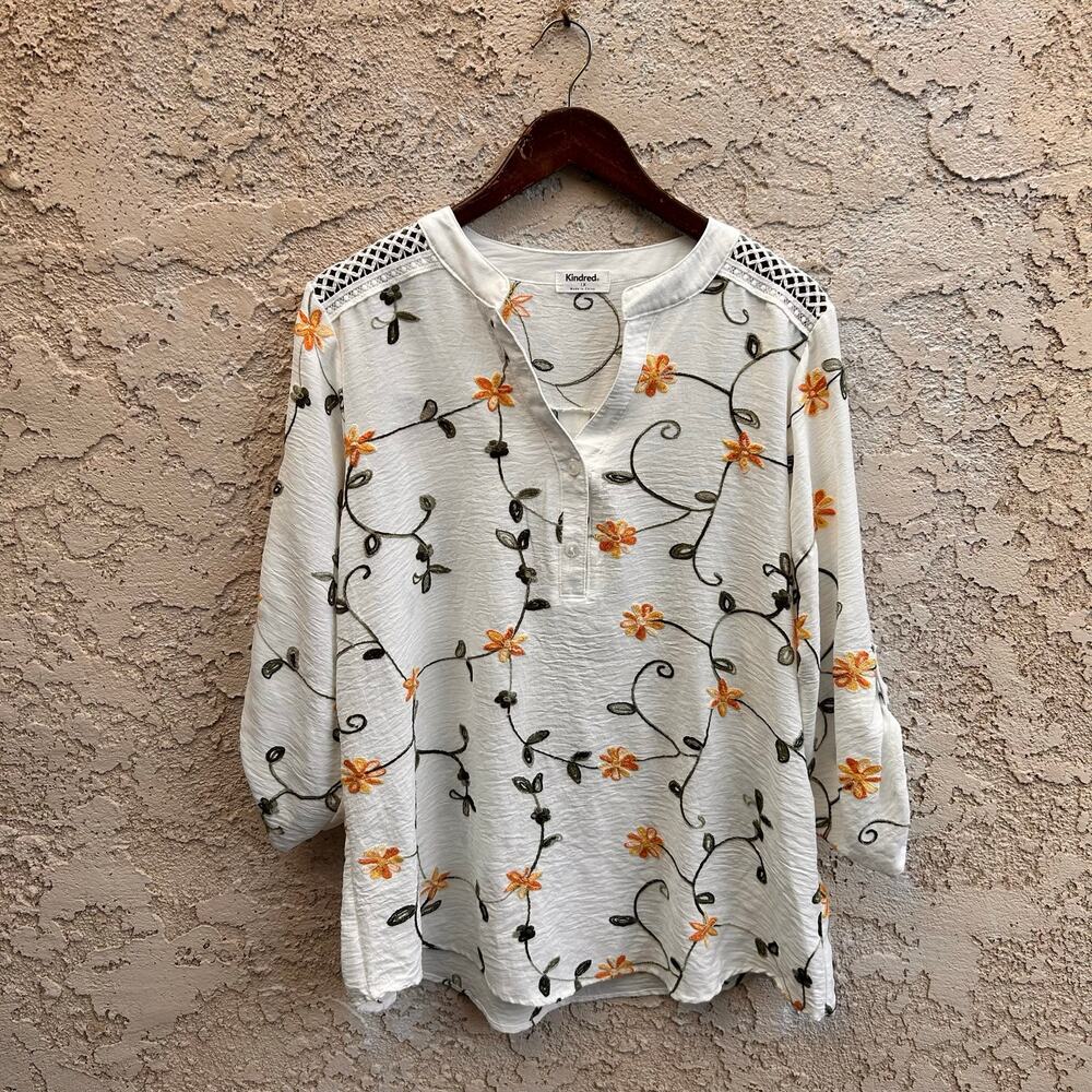 Kindred Anthropologie Embroidered Floral Blouse Plus Size 1X